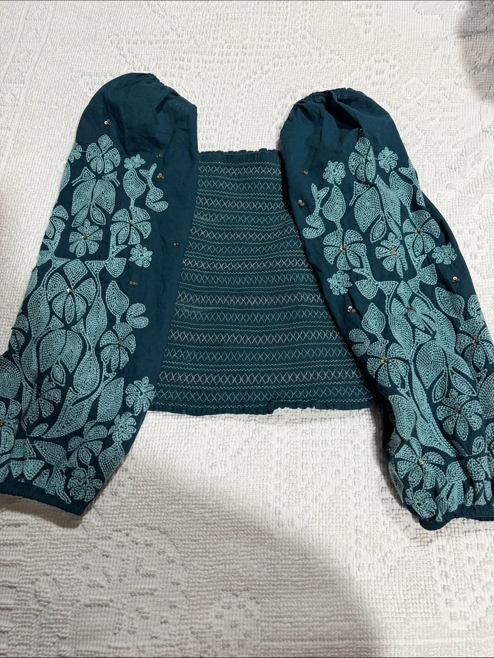 Anthropologie Teal Smocked Off-Shoulder Crop Top with Embroidered Puff Sleeves